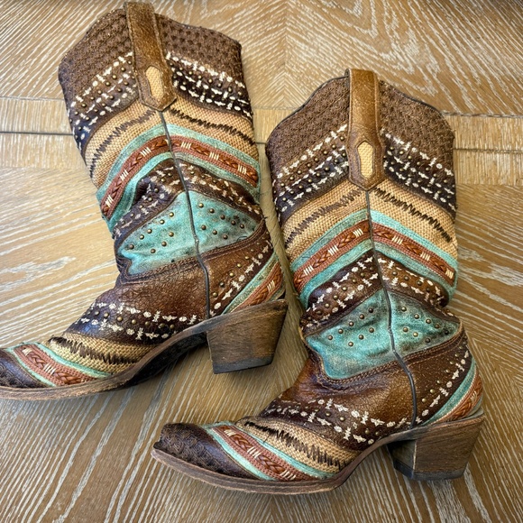 Women's Western Leather Boots - Brown and Turquoise - Picture 5 of 10
